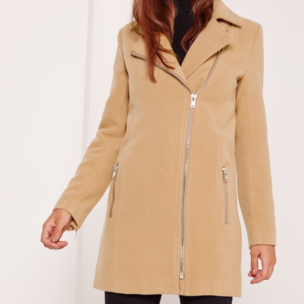 Petite Faux Wool Biker Coat Camel